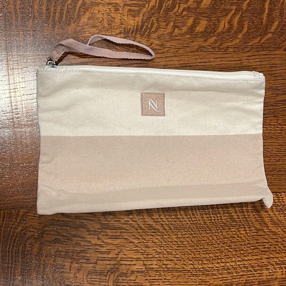Nespresso upcycled 100% cotton with lining beach pouch. 7.5x11. NEW!!!